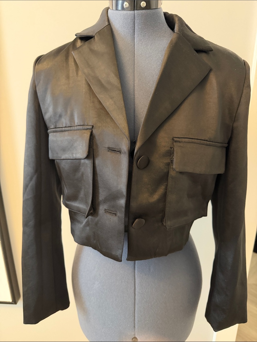 Cropped Black Satin Military-Style Women's Jacket
